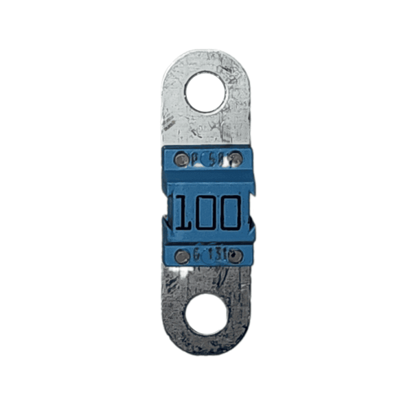 100A 58V MIDI fuse with metallic finish and circular mounting holes on a white background