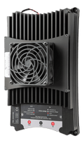 Angled view of black 100A buck-boost DC-DC converter with central cooling fan and status LEDs