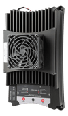 Angled view of black 100A buck-boost DC-DC converter with central cooling fan and status LEDs