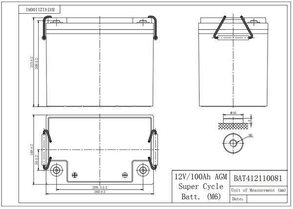 Technical drawing of the Victron 100Ah battery specifying 260mm length, 168mm width, and 215mm height