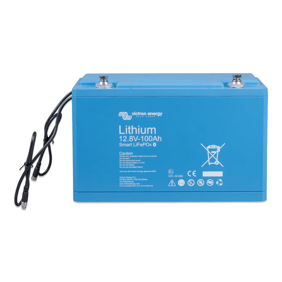 Angled front view of blue Victron 100Ah lithium battery showing M8 terminal bolts