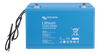 Angled front view of blue Victron 100Ah lithium battery showing M8 terminal bolts