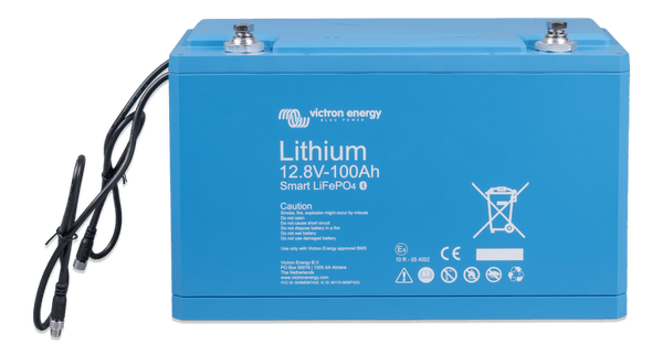 Angled front view of blue Victron 100Ah lithium battery showing M8 terminal bolts