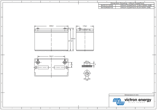 Technical dimensional drawing for 100Ah SuperPack lithium battery showing M8 terminal and 330mm width