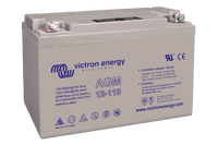Angled view of a grey Victron 12V 110Ah AGM deep cycle battery showing top terminals