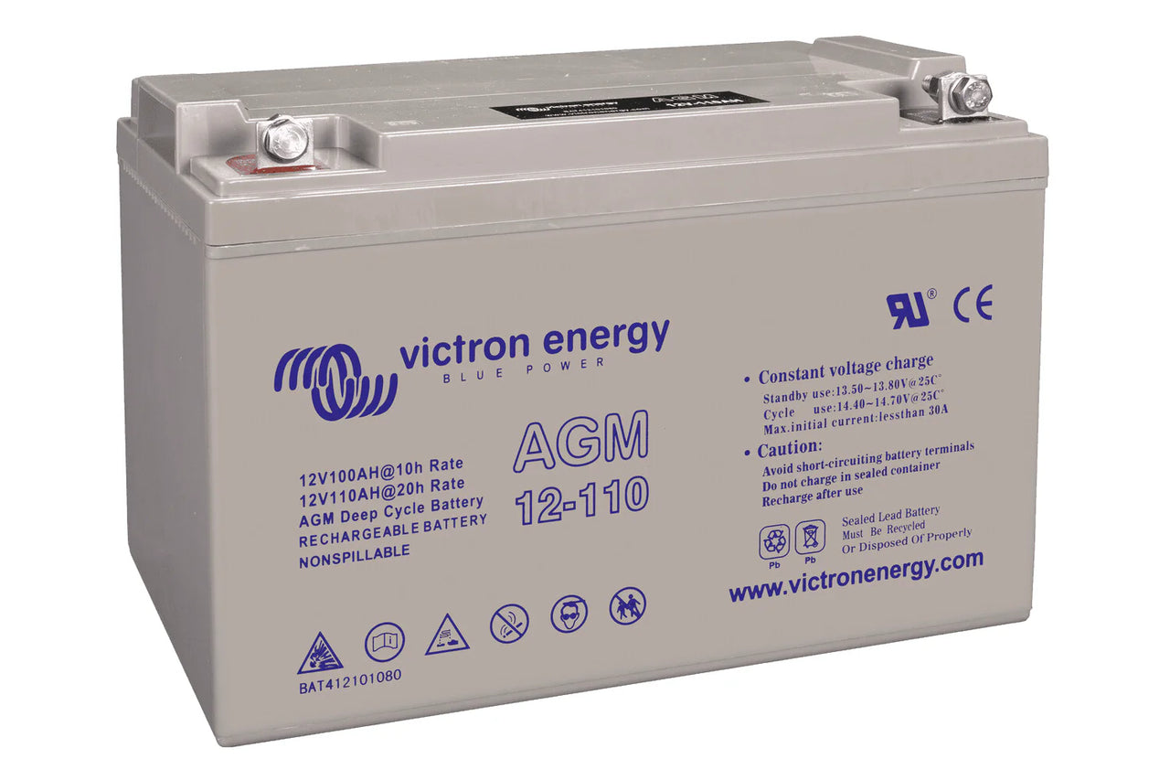 Angled view of a grey Victron 12V 110Ah AGM deep cycle battery showing top terminals