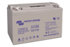 Angled view of a grey Victron 12V 110Ah AGM deep cycle battery showing top terminals