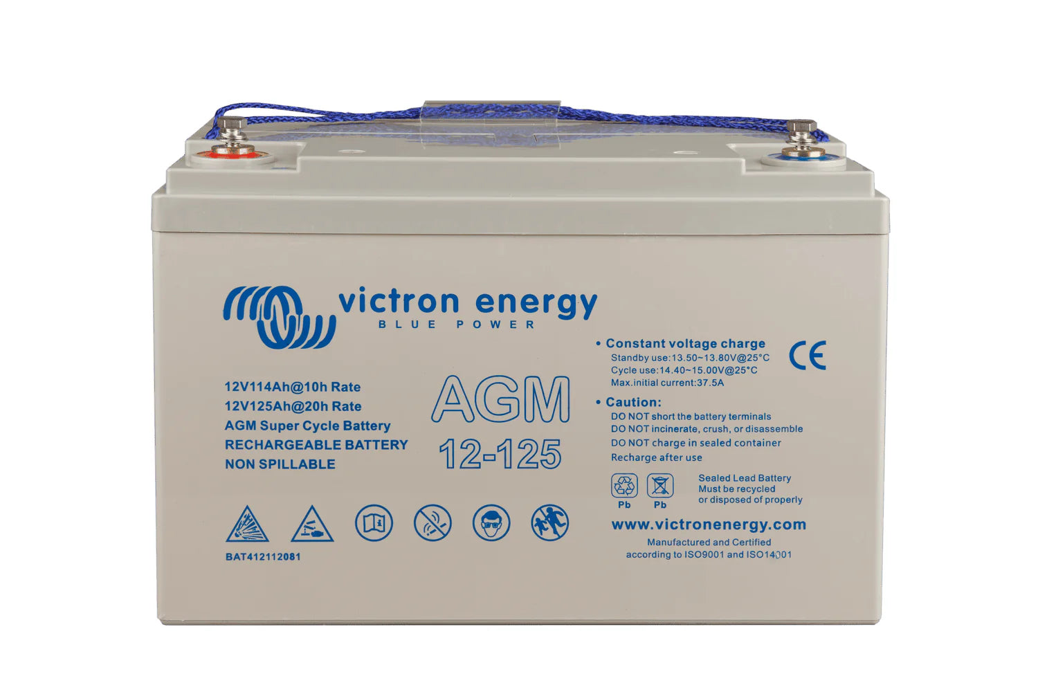 Front view of Victron 125Ah AGM battery showing M8 terminal studs