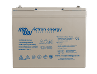 Front view of Victron 12V 100Ah AGM Super Cycle battery featuring grey casing and M6 terminal bolts