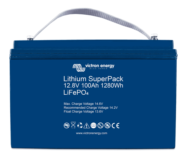 Victron Lithium SuperPack 12.8V 100Ah high current LiFePO4 battery with integrated carry strap and M8 terminals