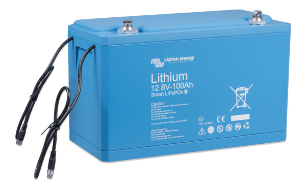 Side perspective of Victron 12.8V 100Ah Smart lithium battery in blue enclosure