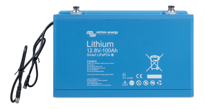 Front view of Victron 12.8V 100Ah Smart LiFePO4 Lithium Battery with external BMS cables