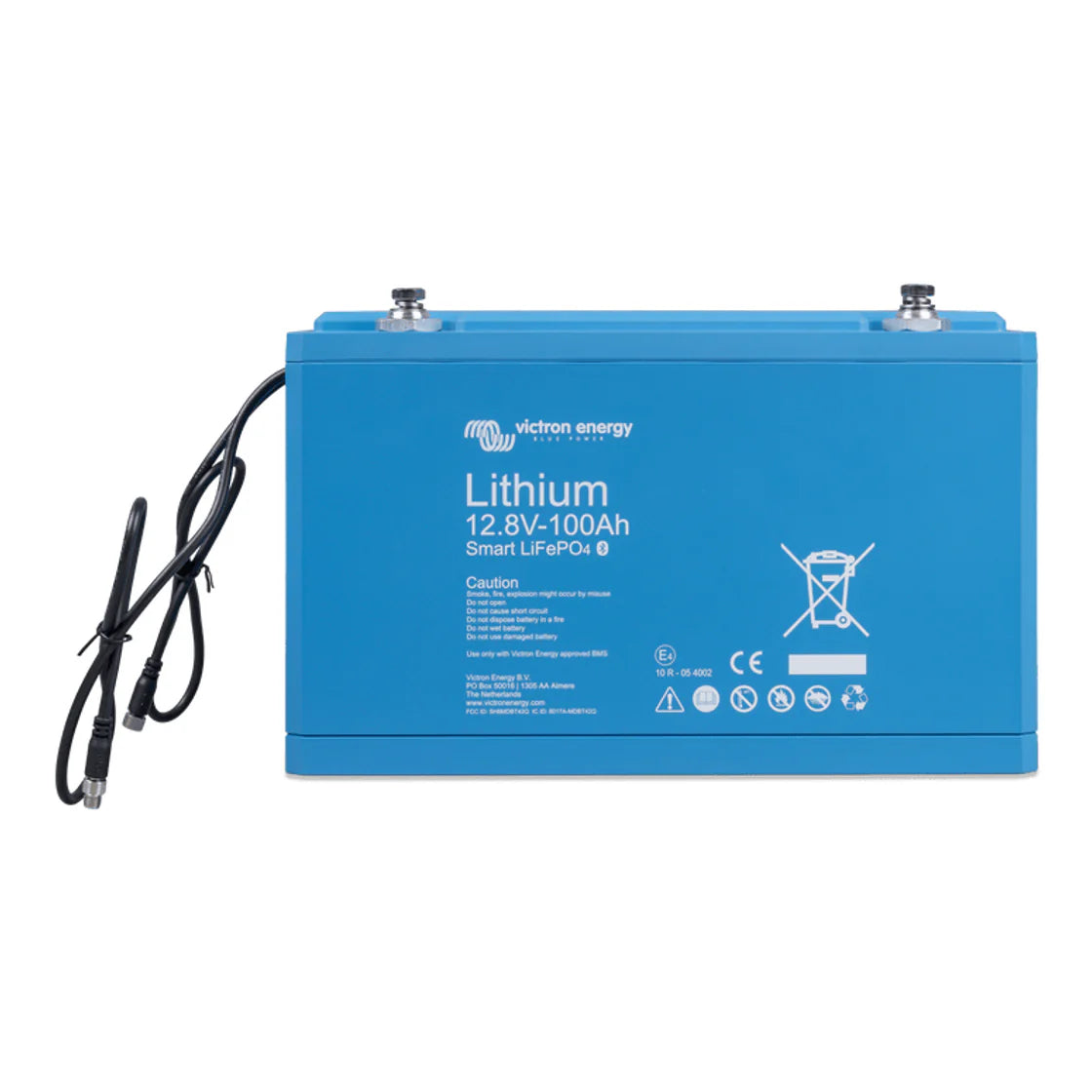 Front view of Victron 12.8V 100Ah Smart LiFePO4 Lithium Battery with external BMS cables