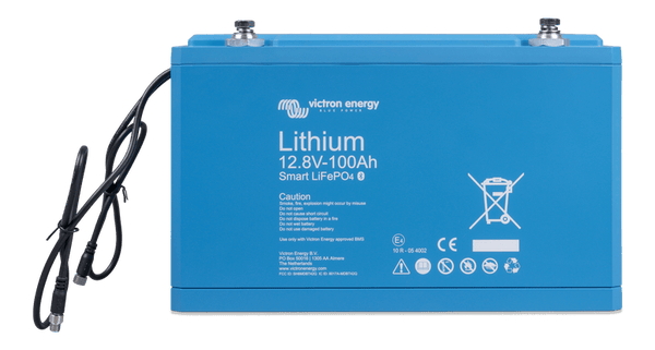Front view of Victron 12.8V 100Ah Smart LiFePO4 Lithium Battery with external BMS cables