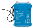 Front view of Victron 12V 100Ah Smart NG lithium battery with BMS cables and M8 terminals
