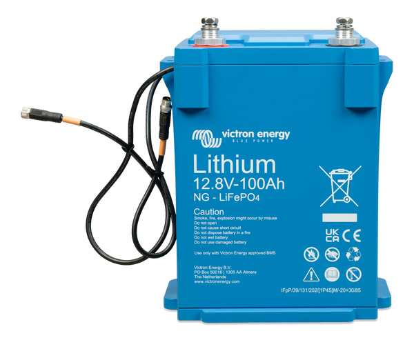 Front view of Victron 12V 100Ah Smart NG lithium battery with BMS cables and M8 terminals