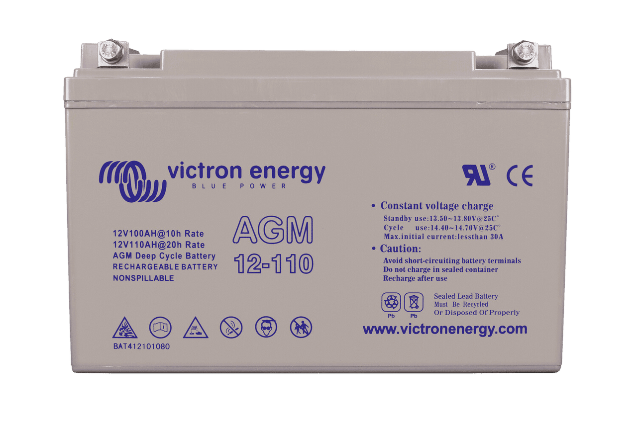 Front view of a grey Victron AGM 12-110 deep cycle battery with terminal bolts on top