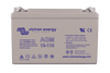 Front view of a grey Victron AGM 12-110 deep cycle battery with terminal bolts on top
