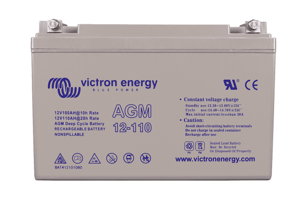 Front view of a grey Victron AGM 12-110 deep cycle battery with terminal bolts on top