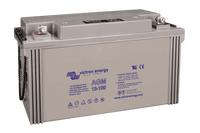 Three-quarter perspective view of the grey Victron 12V 130Ah AGM battery housing