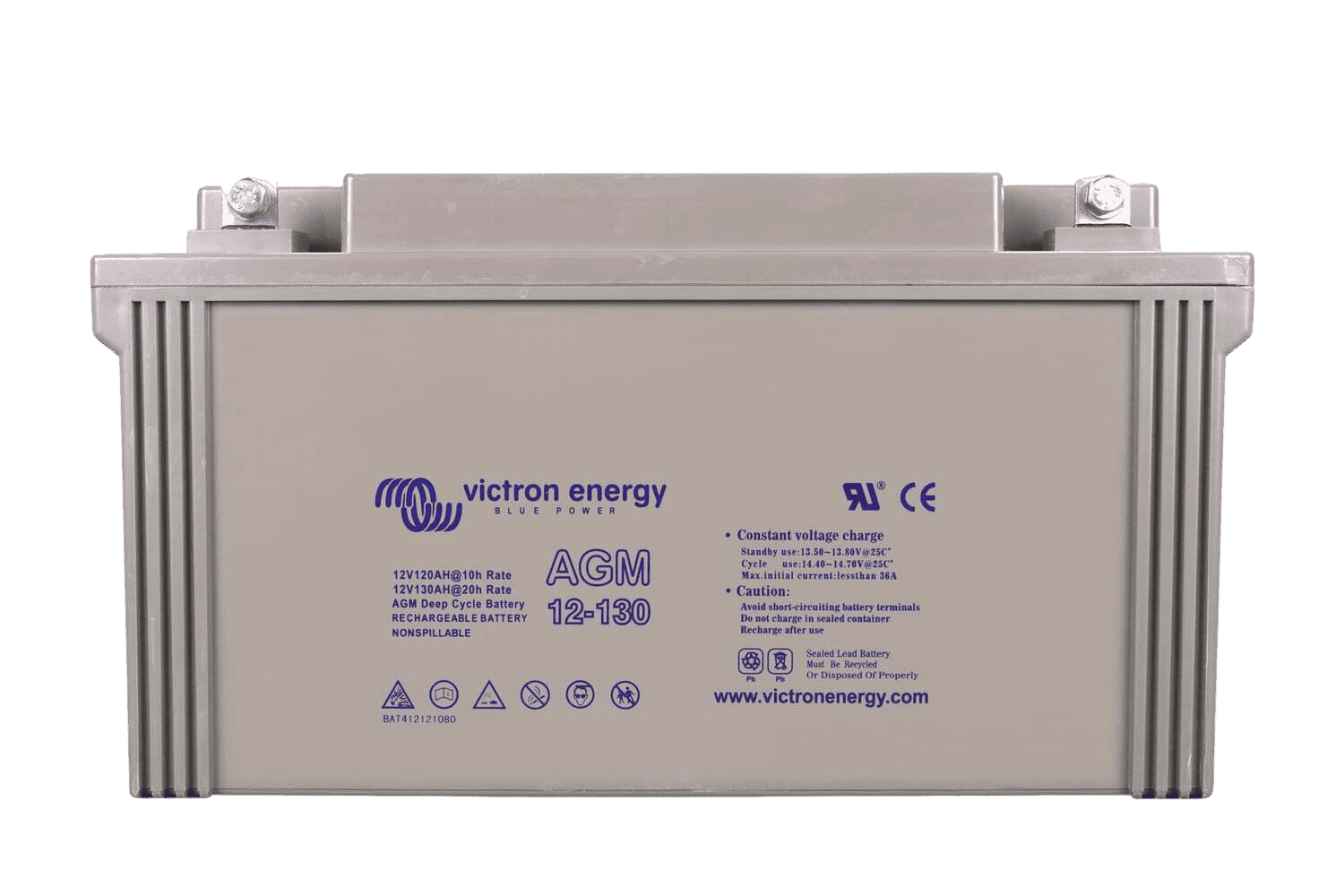 Front view of Victron 12V 130Ah AGM deep cycle battery showing capacity and specifications label