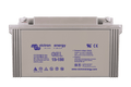 Front view of Victron 12V 130Ah gel battery showing terminal bolts and technical labels