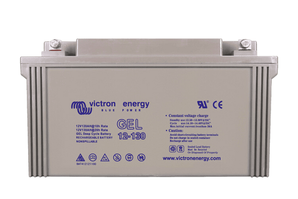 Front view of Victron 12V 130Ah gel battery showing terminal bolts and technical labels