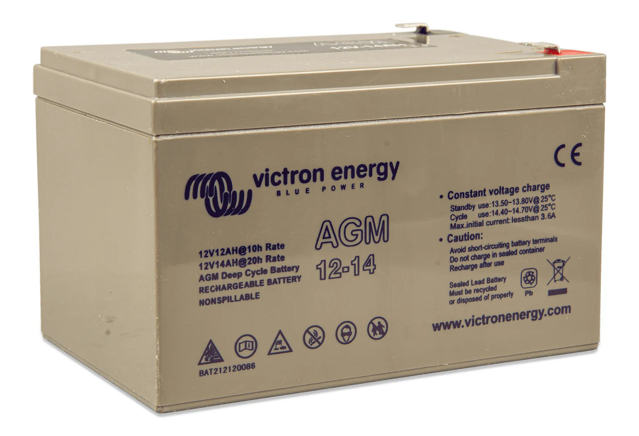 Angled front view of the grey Victron 12V 14Ah AGM battery case