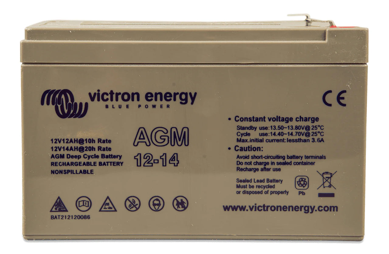 Front view of Victron 12V 14Ah AGM deep cycle battery showing specifications
