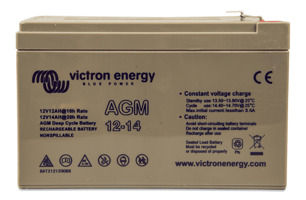 Front view of Victron 12V 14Ah AGM deep cycle battery showing specifications