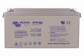 Front view of Victron 12V 165Ah AGM deep cycle battery with blue specifications and safety labels