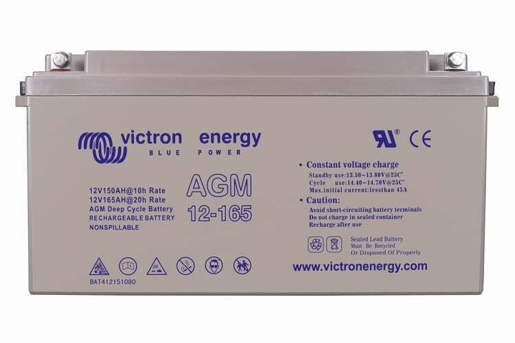Front view of Victron 12V 165Ah AGM deep cycle battery with blue specifications and safety labels