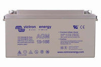 Front view of Victron 12V 165Ah AGM deep cycle battery with blue specifications and safety labels