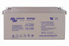 Front view of Victron 12V 165Ah AGM deep cycle battery with blue specifications and safety labels