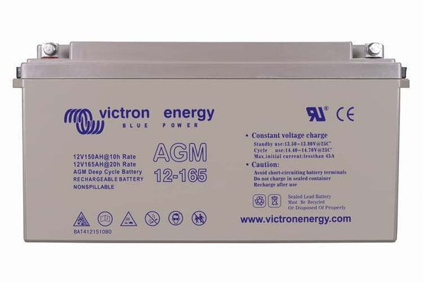 Front view of Victron 12V 165Ah AGM deep cycle battery with blue specifications and safety labels