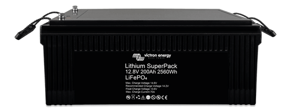 Angled top view of lithium battery highlighting terminals and product label