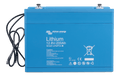 Front view of blue Victron 12V 200Ah Smart LiFePO4 battery with integrated BMS cables and M8 terminals