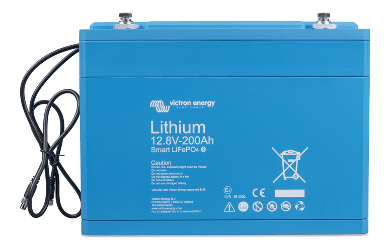 Front view of blue Victron 12V 200Ah Smart LiFePO4 battery with integrated BMS cables and M8 terminals
