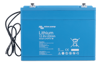 Front view of blue Victron 12V 200Ah Smart LiFePO4 battery with integrated BMS cables and M8 terminals