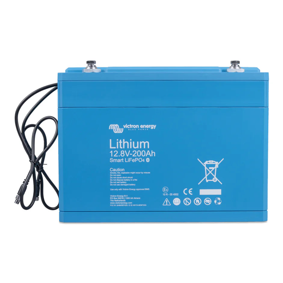 Front view of blue Victron 12V 200Ah Smart LiFePO4 battery with integrated BMS cables and M8 terminals