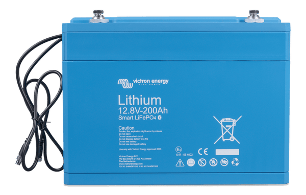 Front view of blue Victron 12V 200Ah Smart LiFePO4 battery with integrated BMS cables and M8 terminals