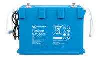 Blue Victron lithium battery 12.8V 200Ah with rope handles and M8 terminals