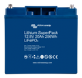 Front view of Victron Lithium SuperPack 12.8V 20Ah 256Wh LiFePO4 battery in blue casing