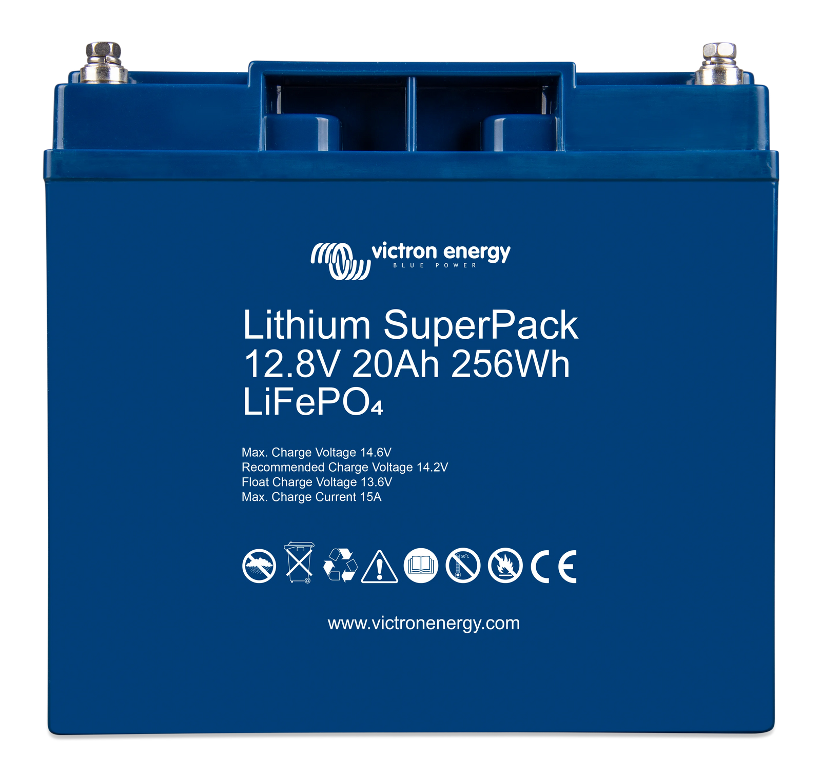 Front view of Victron Lithium SuperPack 12.8V 20Ah 256Wh LiFePO4 battery in blue casing