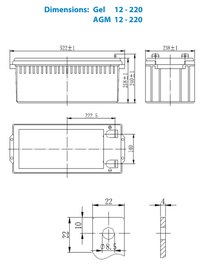 Technical dimensional drawing of the 220Ah AGM battery showing casing and terminal measurements