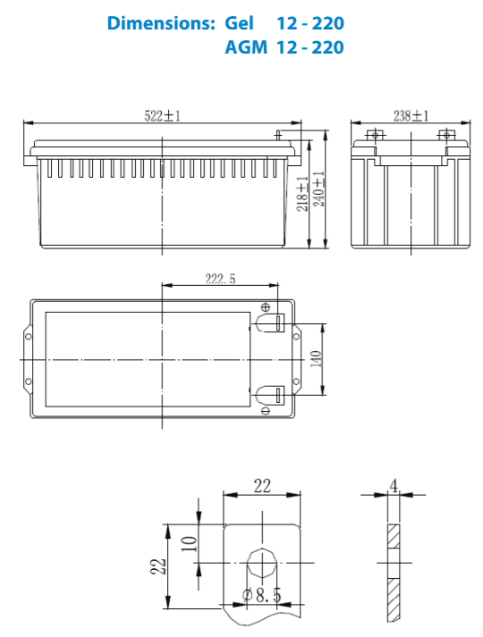 Technical dimensional drawing of the 220Ah AGM battery showing casing and terminal measurements