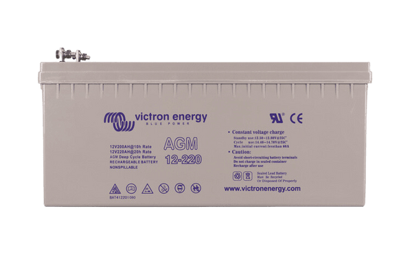 Front view of 12V 220Ah AGM deep cycle battery showing specifications and certifications