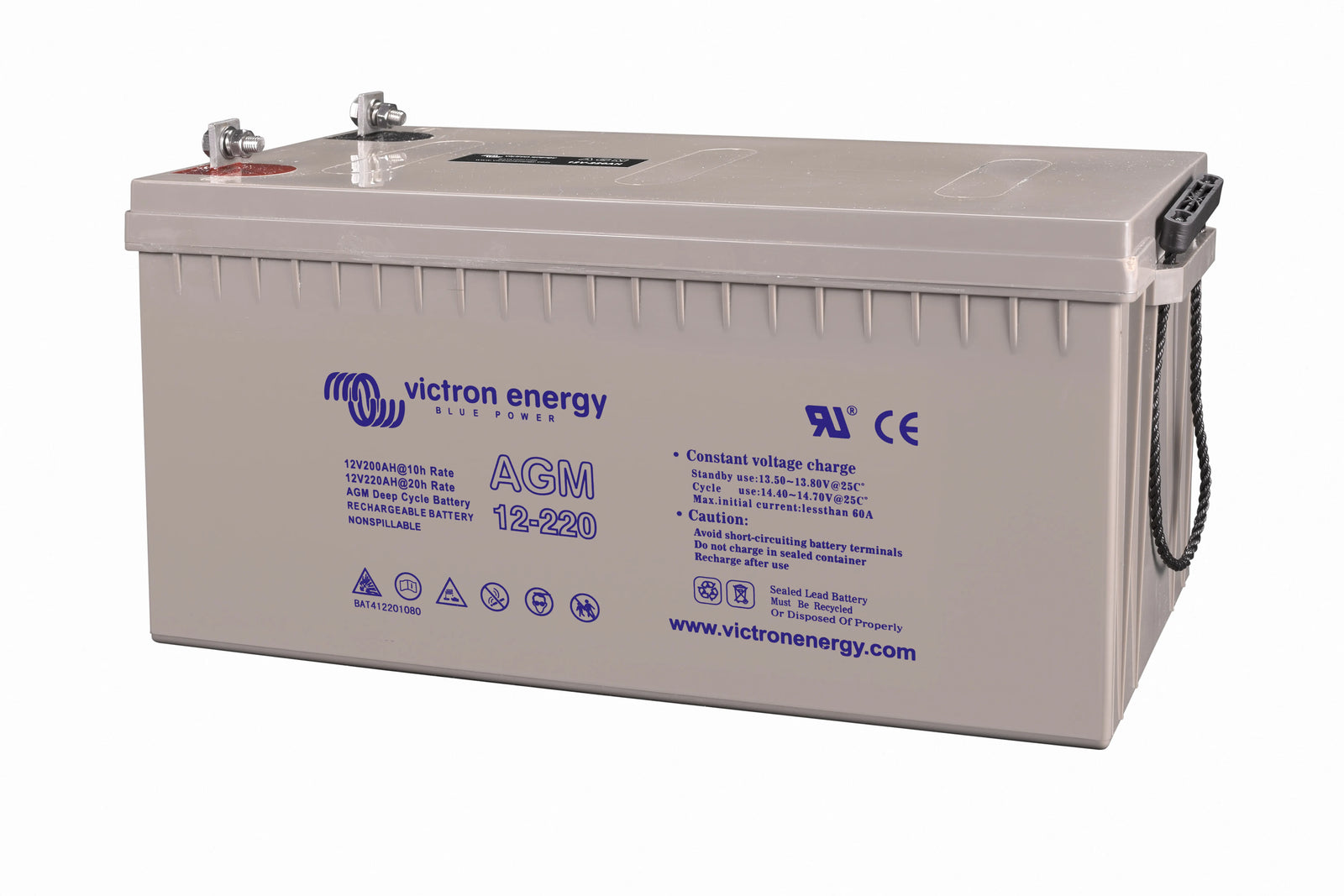 Angled view of Victron 12V 220Ah AGM battery with technical labels and M8 terminals
