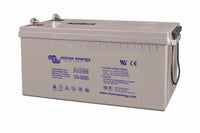 Angled view of Victron 12V 220Ah AGM battery with technical labels and M8 terminals