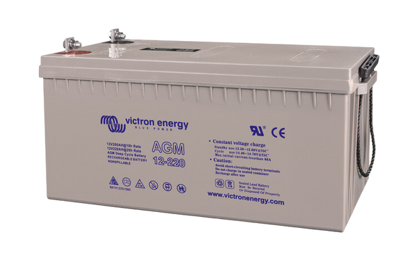 Angled view of 12V 220Ah AGM battery highlighting the integrated rope carry handle